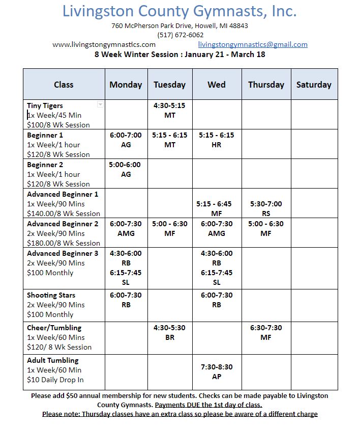 Class Schedule – Livingston County Howell Gymnastics